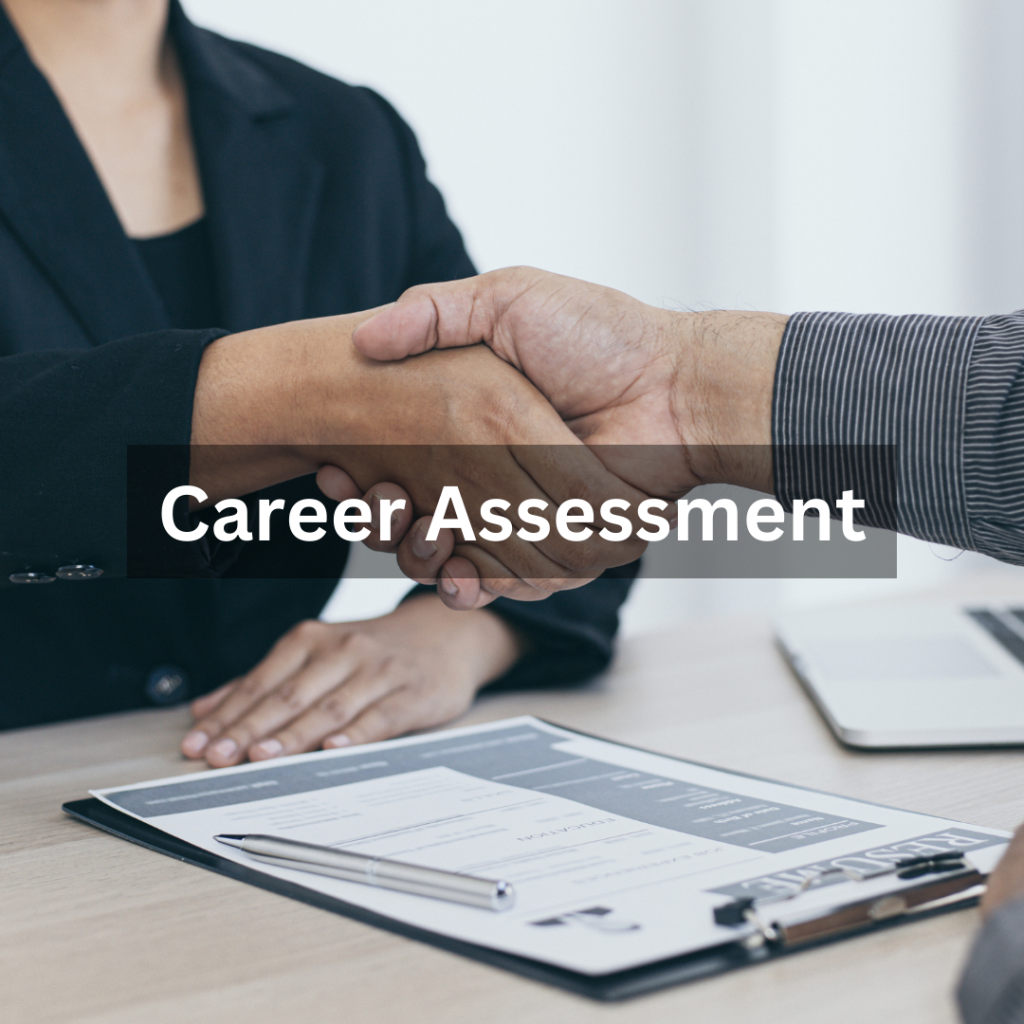 Image of employer and employee shaking hands with a clipboard on the table in between them: Career Assessment