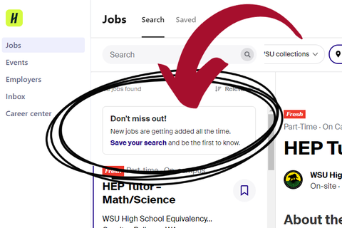 Screenshot of a job search on Handshake with a notification in the top left corner that reads 